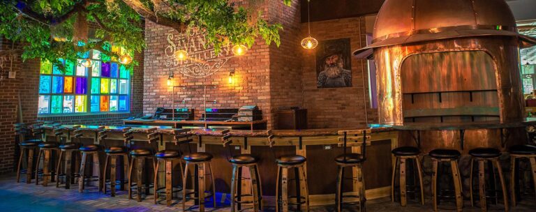Savannah Distillery features a rustic brick building with big windows